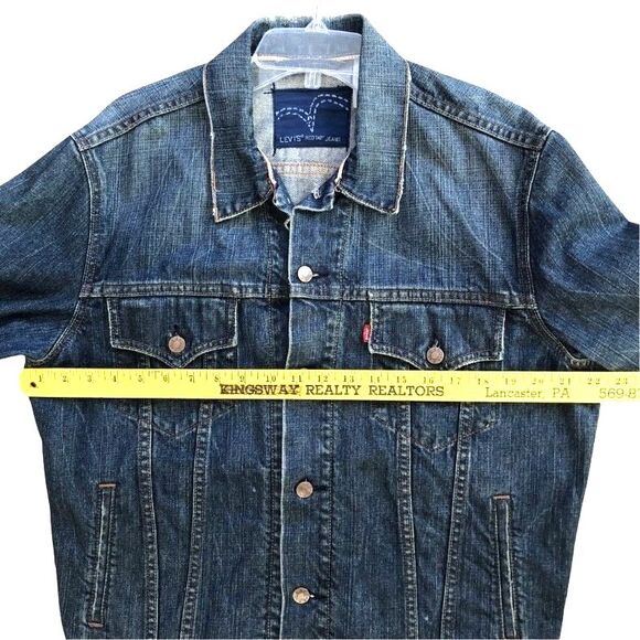 Levis Slim Trucker Jean Jacket Size L Y2k Red Tab Distressed Dark Wash Denim - Picture 10 of 14